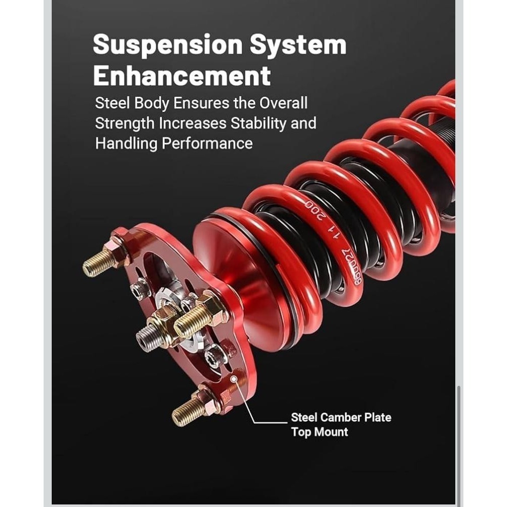 Adjustable Coilover Shock Strut Kit Set 4 Red 1-3in Drop Front Rear Suspension - Picture 6 of 10